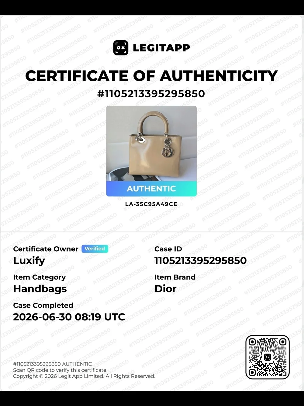 Dior Beige Patent Lady Dior Tote + COA